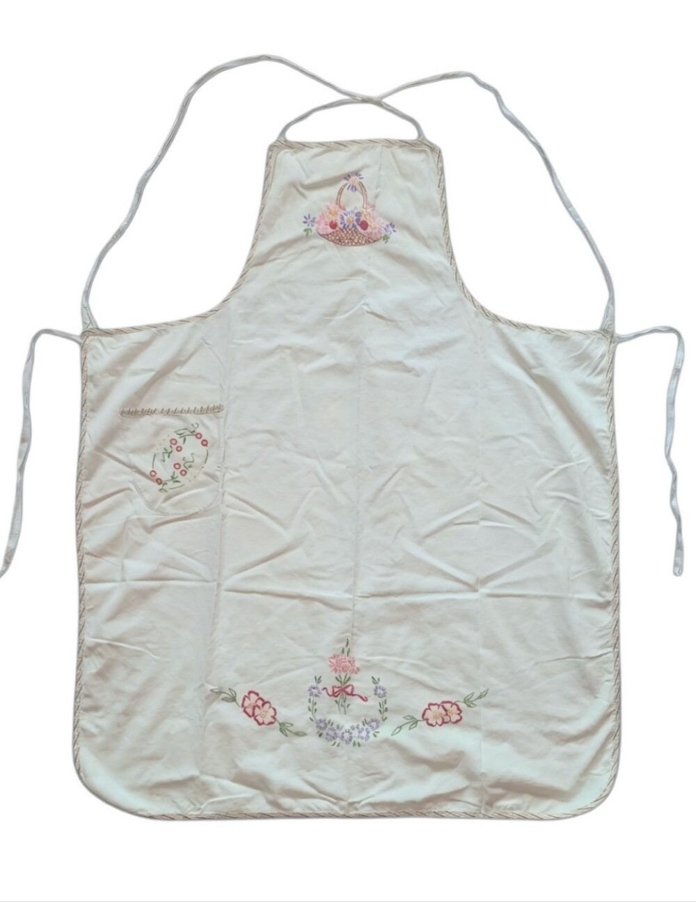 Vintage Cottagecore Floral Embroidered Bib Apron Cream